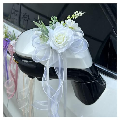 GreatRise 4 Stück Auto Seidenblume Schleifen Simulation Rose Autoschleifen mit Organzband Autoschmuck Hochzeitsschleifen für Hochzeitsauto Türgriffleiste Rückspiegel Stuhl Zurück Hochzeit Deko Weiß