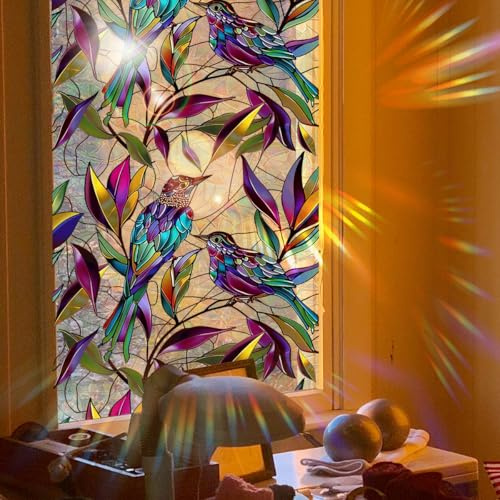 Retro Sichtschutzfolie für Fenster, Buntglas-Aufkleber, Bunte Blumen-Regenbogen-Aufkleber, statisch haftend, Sonnenschutz-Dekor für Fenster und Türen im Homeoffice (01)