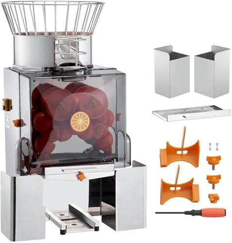 Presse-Agrumes Professionnel 120 W, Alimentation Automatique, extracteur de jus en Acier Inoxydable avec Filtre extractible, Couvercle en PC, 2 seaux de récupération des écorces pour 25 Oranges par