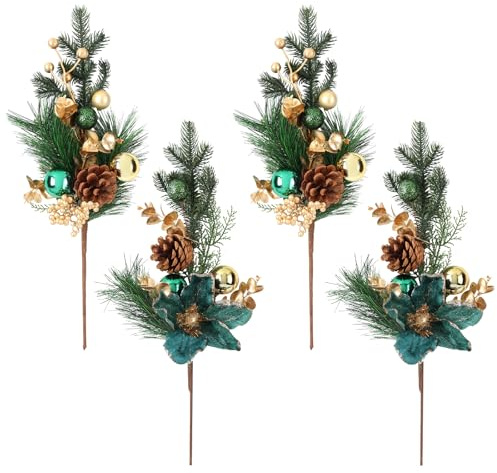 Fiarbrty 18 Inch Christmas Floral Picks and Sprays, 4 Pack Christmas Decorations with Gold Balls, Pinecones, Blue Eucalyptus & Berry Stems for DIY Wreath, Christmas Tree, Mantel, Table Centerpiece