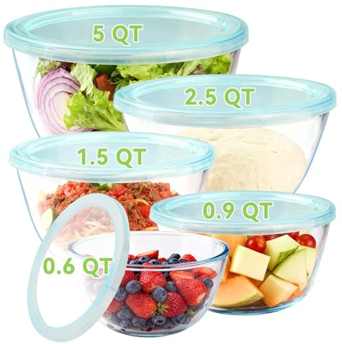 YUANYE 5 Pack Glass Mixing Bowls with Lids Set (5/2.5/1.5/0.9/0.6QT), Thick Glass Large Salad Bowl Set, Nesting Kitchen Bowls for Serving, Prepping, Cooking and Baking, Dishwasher,Oven,Microwave Safe