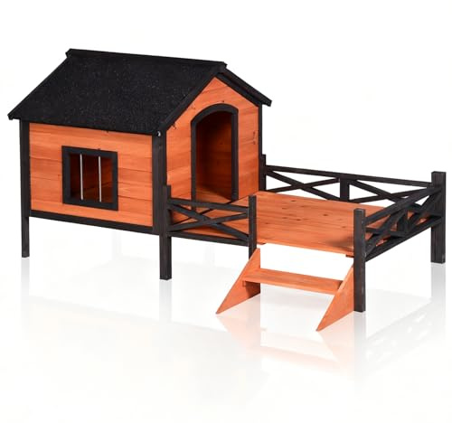 Aniwupaws Dog House Outdoor with Large Balcony, Big Dog Shelter Weatherproof with Window for Outside, Wooden, 66x34 Inches (Natural)