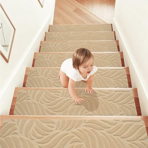 Jinfanshurich 15 Stück Stufenmatten Selbstklebend, 76x20cm Treppenstufen Matten rutschfest, Selbstklebend, Stufenmatten für Innenbereich, Treppenstufen Teppich für Kinder, Ältere & Haustiere