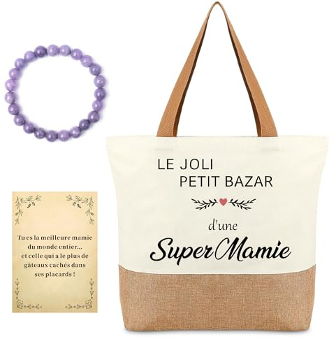 Cadeau Fete Des Grand Mere Tote Bag et Bracelet Femme, Cadeau Mamie Cabas Courses Bracelet Pierre Naturelle, Idée Présent Grand Mère Pour Anniversaire, Noël, Mères, Touchant et Personnalisé