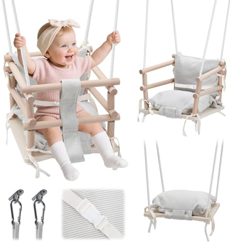 Ollewiellan Babygunga, inomhus och barngunga, utomhus, 3-i-1 av trä, justerbar höjd (160–260 cm) med avtagbar kudde, för trädgård, lastkapacitet 50 kg, från 12 månader (ljusbeige)