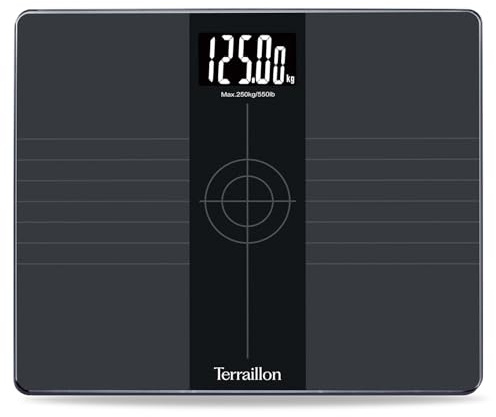 TERRAILLON - EVERY BODY- Pèse personne grande capacité, Balance avec plateau XXL 35x29cm, Capacité de 250 Kg, Grand écran LCD rétro éclairé, Précision 50g, Noir & Gris