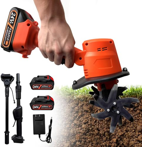 Motozappa Elettrica, Motozappa a Batteria con 2 x 1500mAh Batteria, 235 RPM, 4 Lame in Metallo, Interruttore a Doppia Sicurezza, Larghezza e profondità 10 cm, per Giardinaggio e Coltivate