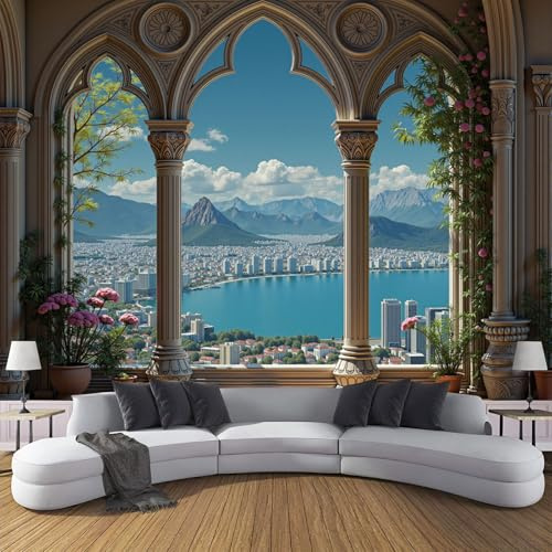Papel Pintado Tela no Tejida 200 x 140 cm - Realismo Arquitectura Azul Fotomurales, Decoración Murales de pared Ventanas Vistas A La Ciudad, para Pared Sala de Estar y Dormitorio Oficina