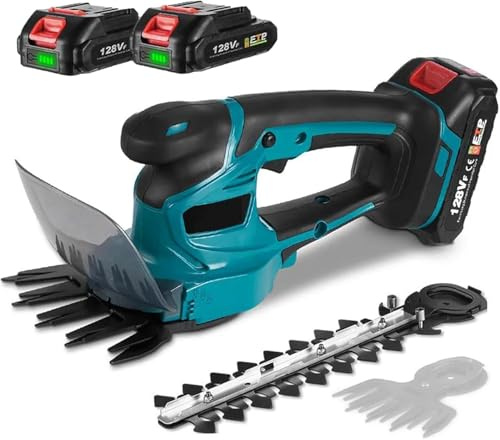 Cortasetos eléctrico, cortadora de césped inalámbrica con 2 baterías y cargador, recortadora de arbustos para mantenimiento de patio