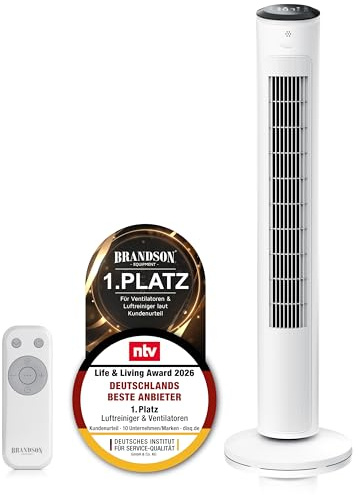 Brandson - Turmventilator ECO GREEN – DC Motor sehr leise - Schlaf Modus – Sieger Life&Living Award 2026-12 Geschwindigkeitsstufen – Oszillation – mit Fernbedienung - weiß
