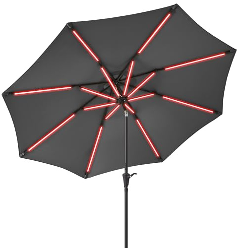 HELIORUSH Sonnenschirm 300 cm mit LED Solar Beleuchtung, 8 Robuste Struts Terrassenschirm Knickbar, 7-Farben RGB Modus Gartenschirm mit Kurbel, UPF 50+ Wasserdicht für Balkon Pool, Grau, HPU104G