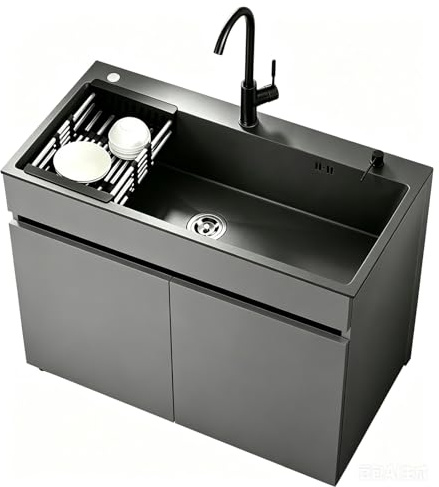 Mueble Fregadero Exterior de Aluminio Panal de Abeja 68cm, Lavabo de Acero Inoxidable con Grifo Mezclador y Dispensador, Fregadero Autoportante para Jardín, Garaje o Lavadero, Gris