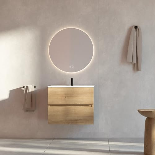 Feel Your Bath Mueble de Baño Lion 60 cm Marrón Madera con Encimera Blanca Brillo, con Espejo Redondo LED Antivaho, Lavabo, 2 Cajones Soft Close, Diseño Suspendido, Compacto para baños pequeños