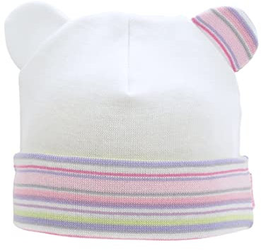 For you Mädchenmütze Babymütze Übergangsmütze Erstlingsmütze Frühchenmütze mit Ohren Baumwolle Größe 36 und 38 ca. 0-6 Monate (36, Weiß mit Rosa/Flieder/Grün-Streifen)