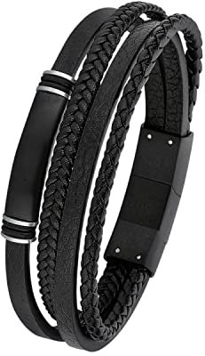 s.Oliver Armband für Herren, Gravierbar, Leder / Edelstahl, IP Schwarz, Länge: 20-21,5 cm