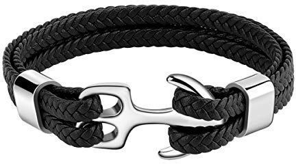 Emibele Bracelet for Men, Sturdy Cowhide Leather Bracelet, Multilayer Vintage Anchor Bracelet Wrap Cuff - Black with Silver Anchor