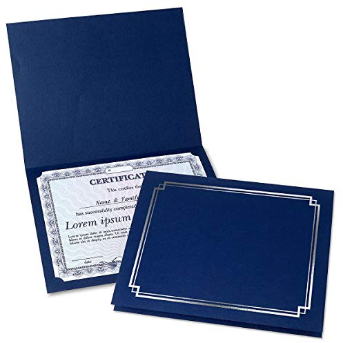 Classic Blue & Silver Certificate Folders - Pack of 50, Linen Cover 80 lb. Stock, Folded, Die-Cut Corners, for Office, Business Awards, Graduation, School Diploma Holder, 9-1/2 x 12\