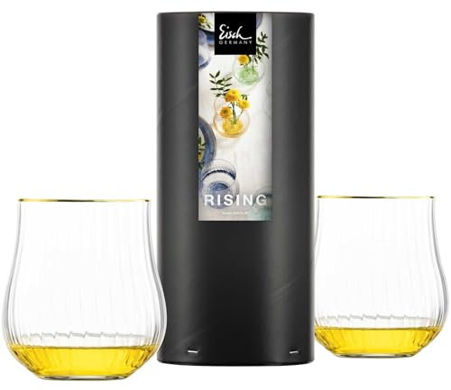 EISCH Rising Allround Becher, 400 ml, Wassergläser mit optischem & haptischem Relief, Handbemalter Goldrand, Kristallglas, 2 Stück in Geschenkröhre, Gold