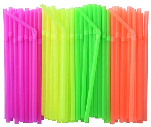 ALINK 500-PCS Neon Colored Flexible Drinking Straws, Plastic Disposable Bendy Straws - 7.75 x 0.23