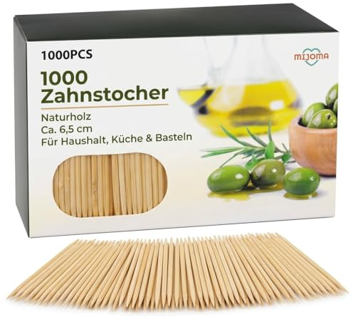 MIJOMA Zahnstocher aus unbehandeltem Holz – Spitze Zahnhölzer für Mundhygiene, Häppchen und Cocktailspieße – ideal für Zuhause, Gastronomie und unterwegs (1000 Stück in Schachtel)