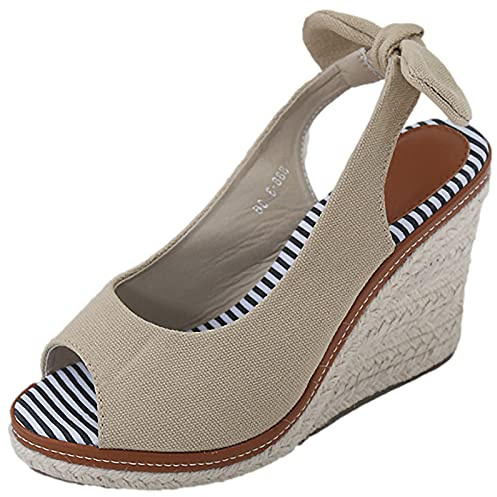 Jamron Dam elegant kilklack öppen tå Espadrilles sandaler slingback pumps sommar kanvasskor, Aprikos, 38.5 EU