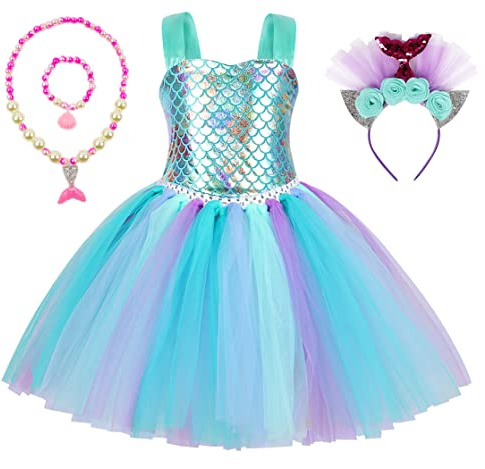 ZKomoL Flickor sjöjungfru klänning set pannband liten sjöjungfru karneval prinsessa klänning halloween fest maskeradfödelsedag sjöjungfru klänning 2–12Y (10 år, grön)