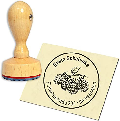 Stempel Adressstempel Holzstempel - Himbeere - rund ∅ 40mm personalisiert als Firmenstempel Namensstempel Bürostempel