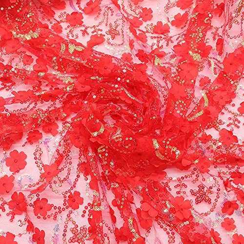 130cmx1 Yard Bestickter 3D-Pailletten-Blumen-Mesh-Stoff, Tüll Stoff für Hochzeit Geburtstag Weihnachten Fest Kommunion Party Deko,Nähen von Brautschleiern Hochzeitskleid Tischläufer Tutu Röcken,Rot