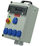 Coffret de chantier triphasé 400 Volts 40 ampères, équipé de 5 prises 10/16 Ampères 2 pôles + Terre 230 Volts. Alimentation électrique provisoire de chantiers, évènements festifs… IP44/IK08