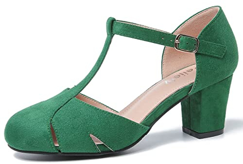 Women's T-Strap Block Heel Pumps, Ankle Buckle Closure, Classic Cut Out Round Toe Dress Shoes Suede Green 44 - US 11