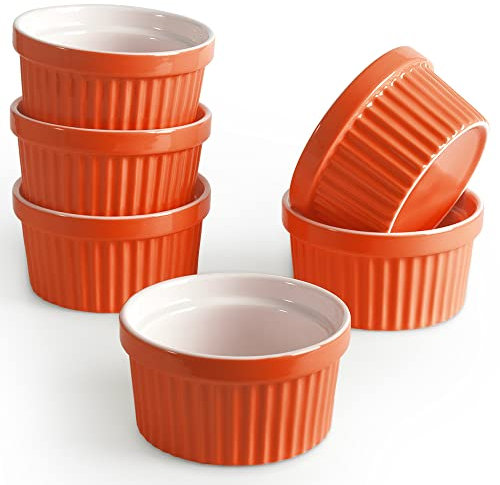 homEdge Juego de moldes de porcelana, 240 ml, cuenco para helado, taza de soufflé de ramequines para hornear, juego de 6 unidades, color naranja