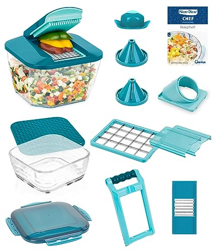 Nicer Dicer Chef Coupe-légumes professionnel, mandoline à légumes, manuel 18 pièces, récipient de 5,2 l, bol en verre supplémentaire, couvercle, coupe-spirale, coupe-frites, ustensile de cuisine avec