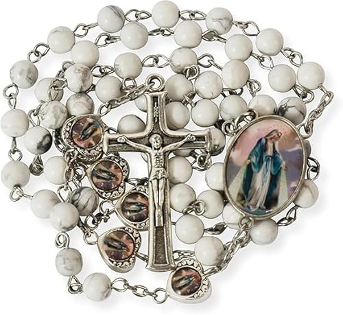 Nazareth Store Perline di pietra naturale con cuore in resina epossidica miracolosa Perline di metallo Collana del rosario Pietre preziose Regali cristiani (Howlite)