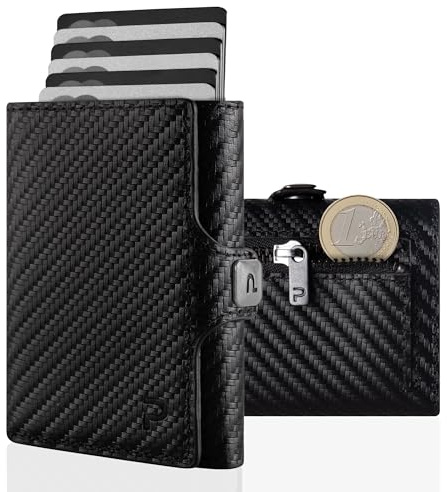 PURISTO KLIK Slim Wallet mit Münzfach - Mini-Geldbörse für Herren aus Echtleder - Kleines Kartenetui mit RFID-Schutz für 10-14 Karten - Carbon