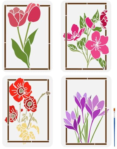 FINGERINSPIRE 4 Stück Blumen Fotorahmen Malschablone Mit 1 Kunstpinseln 21x29.7 cm Tulpen Mohn Safran Orientalische Weihnachts Und Rosenmuster Schablone Florale Rahmenschablone Zum Malen An Der Wand