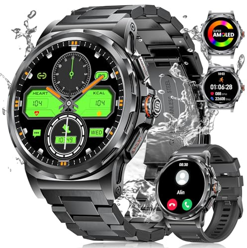 ESFOE Reloj Inteligente Hombre con Llamadas,1.43 AMOLED Smartwatch Militar con Pulsómetro/Monitor de Sueño/SpO2/Podómetro,2 Correas,100+ Modos Deportes Pulsera Actividad Impermeable IP68 Smart Watch