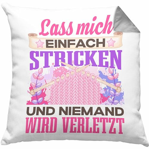 Trendation Stricken Kissen mit Füllung 40x40 Geschenk Spruch Häckeln Geschenkidee Lass Mich Einfach Stricken Lustig (Grau)