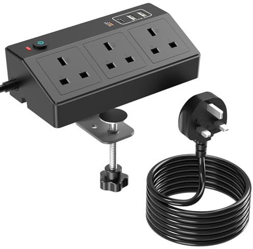 Desk Extension Lead 3M with PD20W USB-C, HAFINO Power Socket with USB Slots | PD 20W Fast Charging Extension Lead( 2A2C) with Removable Clamp, Desktop Power Strip for Home Office, Black