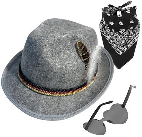 Oktoberfest Hut Herren Damen, Cowboyhut mit Bandana und Herz Brille, Oktoberfest Männer Outfit Set Oktoberfest Accessoires, Bayerischer Hut mit Kopftuch und Brille, Oktoberfest Trachtenhut