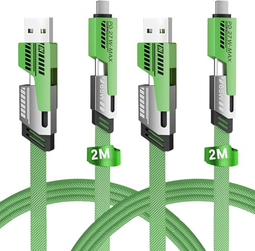 2er Pack 2m 4-in-1 USB-C Ladekabel Nylon für iPhone Samsung MacBook Grün | Stabiles knötfreies Nylongeflecht, 4 Schnittstellen mit 65W Schnellladung und schneller Datenübertragung