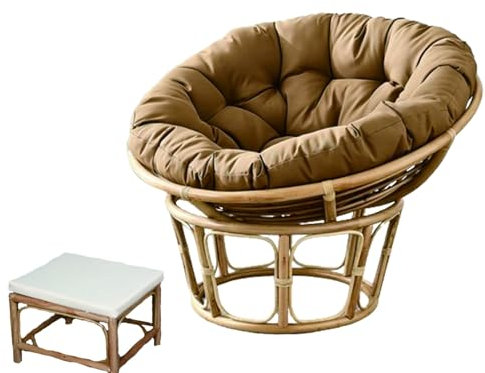 MIAOMI Sillón Perezoso, Cómodo Sillón con Platillo, Sillón Papasan De Mimbre, Sillón Papasan Redondo De Ratán Natural, con Cojín Y Reposapiés para Silla Papasan, 110 * 110 * 80 Cm(Light Brown)