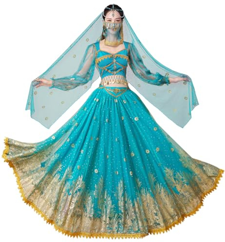 ELLYDOOR Costume princesse Jasmine pour femme, robe Aladdin, pour Halloween cosplay danse du ventre | Costume de fée pour Halloween, princesse, anniversaire, cosplay, fête costumée, déguisement de danse du ventre 4 pièces