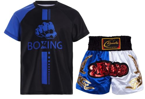 Rswnyirn Ensemble T-Shirt et Short de Boxe Garçon Thaï MMA Entraînement Fitness pour Enfant 5-16 Ans Bleu Blanc 7-8 Ans