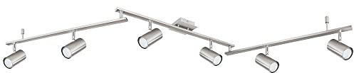 Deckenlampe Deckenstrahler Wohnzimmerleuchte 6 flammig Deckenleuchte Spots verstellbar, Metall silber, 6x GU10 Fassungen, LxBxH 180x10x18,5cm