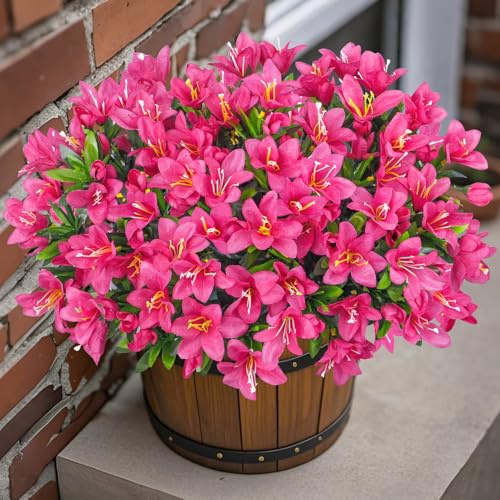 Ouddy Decor 8 Bundles Artificial Flowers for Outdoors, Fake Silk Flowers Azalea Plants UV Resistant for Summer Front Door Planter Garden Patio Window Box Balcony Walkway Home Decor, Fuchsia