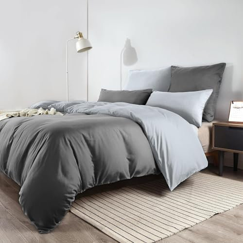 Soifox Double Duvet Set Dark Grey and Grey, 3 Piece Microfiber Reversible Double Bedding Bed Sets, Soft and Non Iron Quilt Duvet Cover Set with 2 Pillowcases 50x75cm