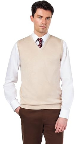 Men’s Knitted 100% Cotton Beige Sleeveless Jumper V-Neck Vest[JUMPER-VEST-543-BEIGE-M]