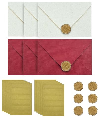 XINGNA 22 Stück Briefpapier Vintage Papier, Set mit 6 Leinenumschlag Umschläge und 6 Wachssiegel 10 A5 Briefpapier Vintage Papier für Hochzeits Einladung Grußkarten Geschenk