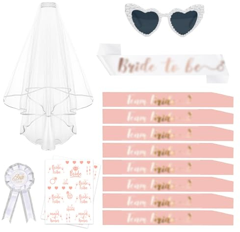 MorLuks Bride to Be Gadget, Fascia Sposa, 8 Fasce Team Bride, Velo Sposa, Occhiali da Sole Cuore con Perla, Tatuaggi Matrimonio, Distintivo, Accessori Addio al Celibato