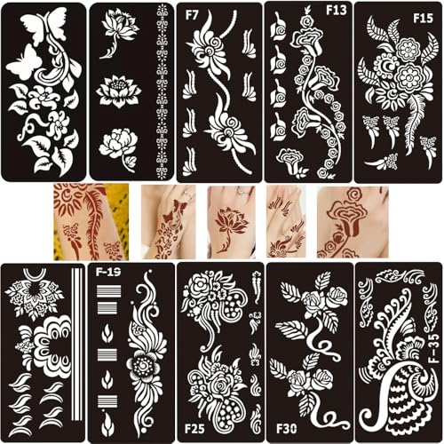 SSyang 10 Pezzi Hennè Tatuaggi Nero, Tatuaggi Modelli Temporanei Semipermanenti, Farfalla, Fiori, Geometria, Riusabile, per Mani, Compleanno, Halloween, Natale, Ballo (18,5x9,5)